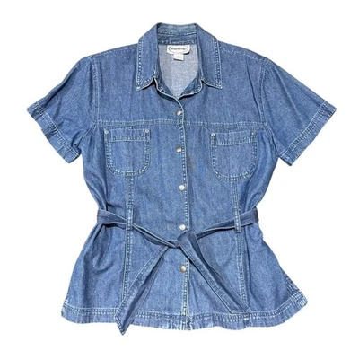 Camisa feminina vintage tamanho L azul denim com botões de amarrar cintura prata - Imagem 1 de 4