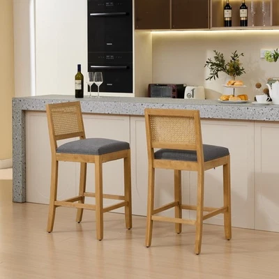 Full Solid Wood Rattan Back Bar Stool with High-Resilience Set of 2 Gray - Image 1 of 4