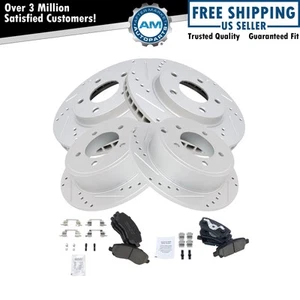 Front Rear Posi Ceramic Brake Pad & Performance Drilled Slotted Coated Rotors - Picture 1 of 11