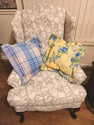 April Cornell 2 Pc Blue Yellow Floral Checked Reversible Pillows Cottage 16 x 16 - Image 1 of 4