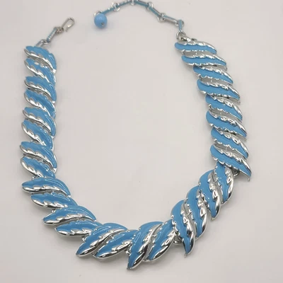 Vintage Coro Necklace Blue Enamel Signed Silver Tone 15" - Image 1 of 4