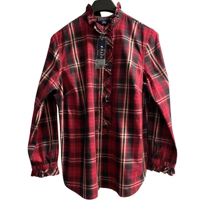Chaps Blouse Women 1X Red Plaid High Neck Ruffle Trim Button Down Holiday Preppy - Image 1 of 4
