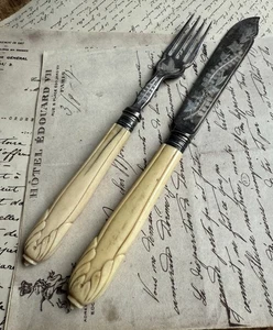 Antique Fish Knife & Fork Engraved Silver Plate Bone Handle Set Harrison Brother - Picture 1 of 10