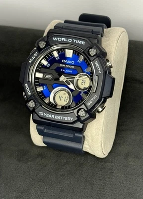 Reloj Casio Hombre Hora Mundial Azul WR100M 10 Años Batería 3 Alarmas Cuenta Regresiva Foto 1 de 4