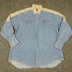 VINTAGE Wrangler Shirt Mens 35 Long Tails Denim Blue Tan Western Button Up - Picture 1 of 10
