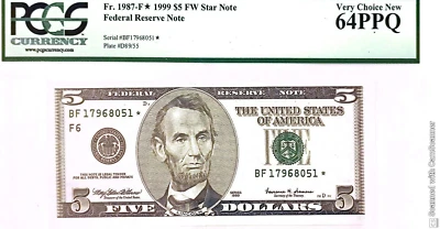 $5 1999 FW STAR NOTE⭐ LEGAL TENDER USA NOTE Fr.1987-FW⭐ BF17968051 PCGS 64 PPQ - Image 1 of 2