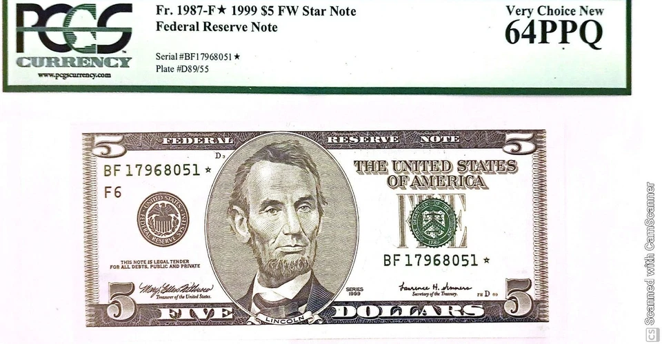 $5 1999 FW STAR NOTE⭐ LEGAL TENDER USA NOTE Fr.1987-FW⭐ BF17968051 PCGS 64 PPQ - Image 1 of 2
