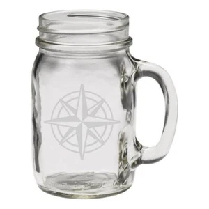 Navigation Compass 12 oz Hand Etched Glass Mason Jar Mug - Picture 1 of 1