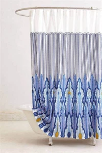 Anthropologie Shower Curtain Peacock Quills Blue & White W/Fabric Bag NIP Rare!! - Picture 1 of 10