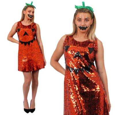 LADIES PUMPKIN DRESS HALLOWEEN COSTUME HEADBAND FACE PAINT SEQUIN FANCY DRESS - Image 1 of 4