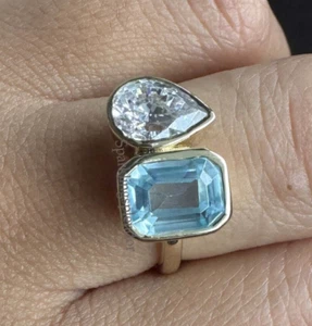 Aqua Blue Emerald & Pear Cut CZ Stone Ring Toi Et Moi Bezel Set Engagement Ring - Picture 1 of 14