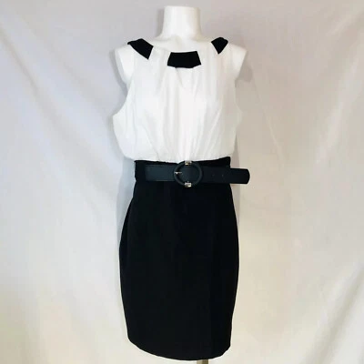 Iz Byer V- Neck Black White Dress belted Size 11 Holiday Cocktail Evening Dress - Image 1 of 4