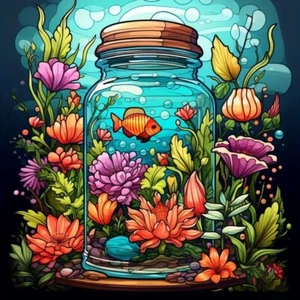 Kit Pintura Diamante 5D 40X40cm Peces en Tarro con Flores - Mosaico - Imagen 1 de 5