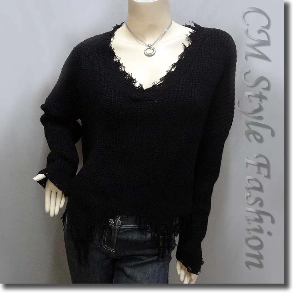 Suéter Pullover Acanalado Tejido Grunge Triturado Cuadrado con Rasgaduras Top Negro M Foto 1 de 4