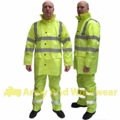 Hi Visibilidad Impermeable Chubasquero Hombre Traje de Lluvia Set Alta Chaqueta - Imagen 1 de 2
