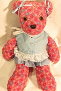 Plush Teddy Bear Red Floral Print / Blue Outfit     k100 - Picture 1 of 2
