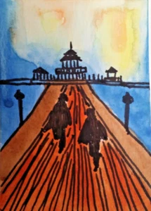 ACEO Original - Aquarell 2,5 x 3,5 signiert - laufendes Paar im Hafen - Bild 1 von 3