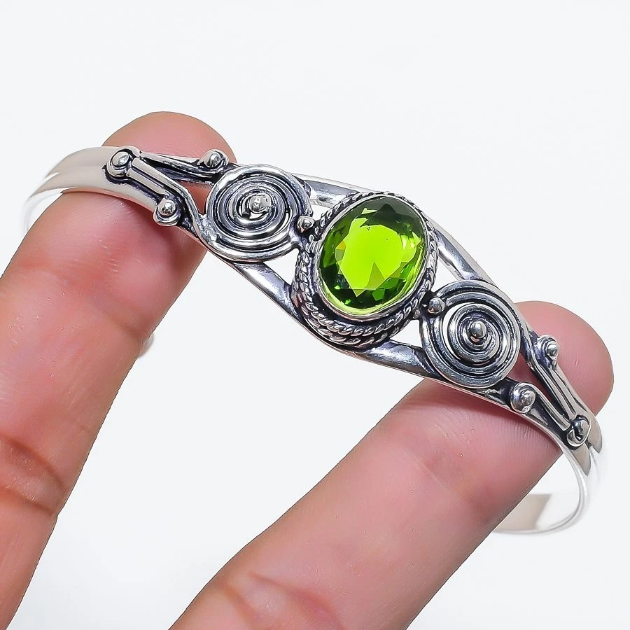 Green Peridot Gemstone Handmade 925 Sterling Silver Adjustable Cuff Bracelet - Image 1 of 1