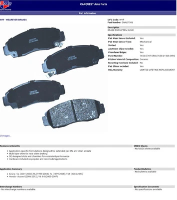 Pastillas de freno delanteras de cerámica dorada premium CARQUEST GNAD1506 Honda Acura *****Leer*** Foto 1 de 4