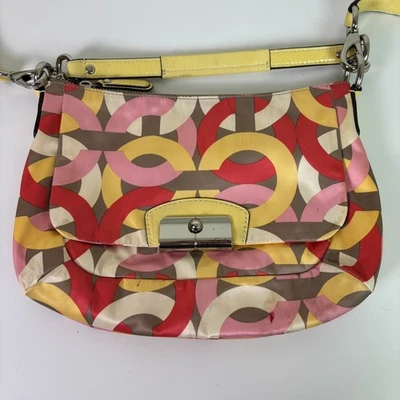 Coach Kristin Op Art Chain Link Shoulder Crossbody Bag Sateen Pink Brown Stained - Image 1 of 4