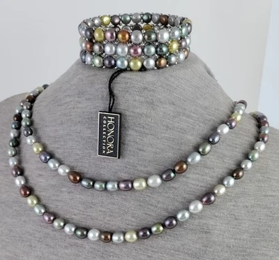 2 Honora Multicolor Pearl Necklaces 18" & 20" + Matching Wide Stretch Bracelet - Image 1 of 4