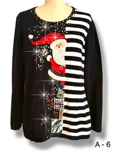 Berek Ugly Christmas Sweater Black Women’s Sz L Santa Claus Pullover Sparkle Vtg - Picture 1 of 9