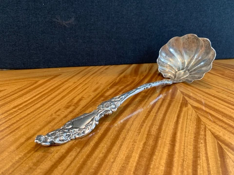 LARGE HEAVY ANTIQUE STERLING SILVER SOUP /PUNCH  SERVING LADLE W/ REPAIR TO NECK Cover