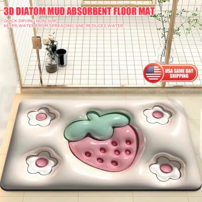 3D Strawberry Visual Anti Slip Soft Diatom Mud Floor Mat Kitchen Bathroom Rug - Image 1 of 4