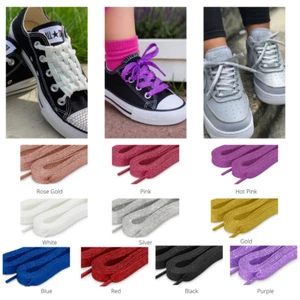 Rose Gold Sparkly Glittery Metallic Flat Shoelaces 4 Kids Ladies Trainers Shoes - Picture 1 of 68