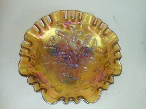 Imperial Lustre Rose Marigold 3 Footed Ruffled Rim Carnival Glass Bowl - Picture 1 of 8