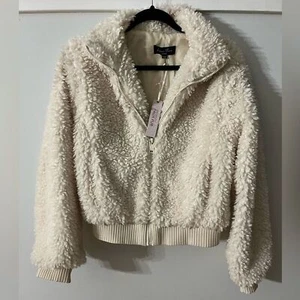 Love Tree white zip up faux fur Sherpa Fuzzy Bomber jacket NWT Medium - Picture 1 of 9