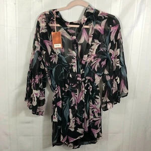 NWT Audrey 3+1 Black Women's Size: S Sheer Ruffled 3/4 Sleeve Floral Romper - Picture 1 of 7