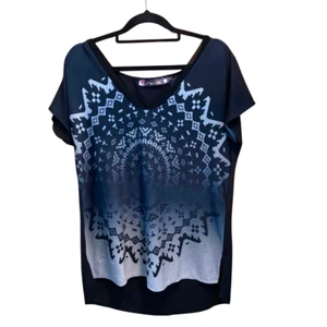 Desigual Women Top Size S Black Grey Blue Relaxed Short Cap Sleeve V-Neck - Picture 1 of 24