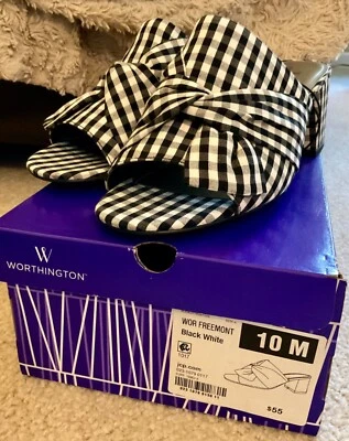 Mulas JCP Worthington Freemont para mujer con moño nudo blanco y negro guinga 10 nuevas en caja Foto 1 de 4