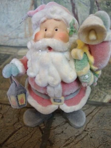  SANTA with Bell Lantern Wreath CHRISTMAS Porcelain Figurine Fuzzy feel cover - Picture 1 of 3