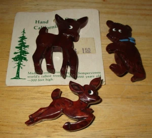 California Hand Carved Redwood Lapel Pins - Deers & Bear - Picture 1 of 10