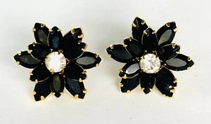 Vintage Black Marquise Rhinestone Flower Starburst Earrings Post Gold Tone - Picture 1 of 3