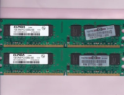 2GB 2x1GB PC2-5300 ELPIDA EBE11UD8AGWA-6E-E HP 377726-888 DDR2-667 Memory Kit - Image 1 of 2