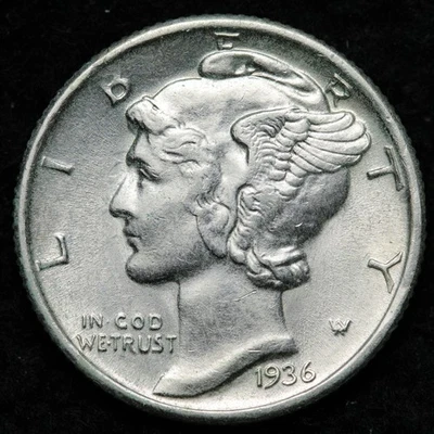 Moneda de diez centavos de plata Mercury 1936 BU *sin circular* MS E246 IWF Foto 1 de 2