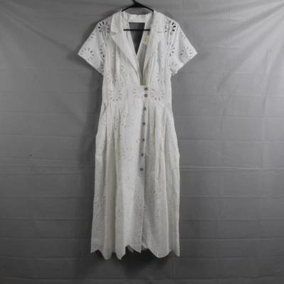 Maeve Dress Medium Eyelet Midi Shirt White Midi Collared Feminine Romantic Chic - Image 1 of 4