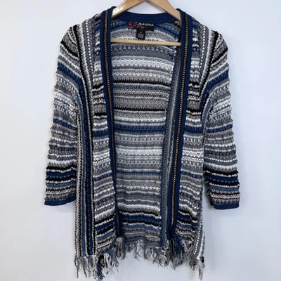 Cárdigan suéter a rayas frente abierto para mujer M flecos cadena eslabón ribete mangas 3/4 Foto 1 de 4