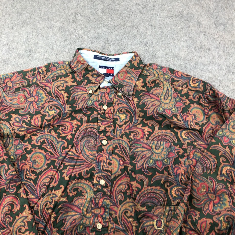 Camisa Tommy Hilfiger Para Hombre Grande Verde Cachemira Floral Abotonada Manga Larga Años 90 Foto 1 de 4