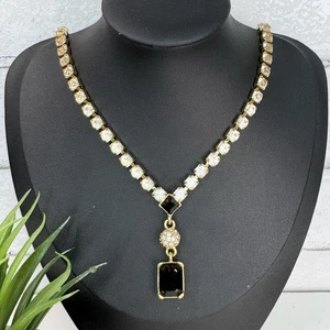 Vintage 60s Monet Clear Rhinestone Tennis Black Glass Pendant Gold Tone Necklace - Picture 1 of 9