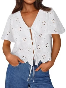 Summer Tie Front Blouse White Short Sleeve Eyelet Embroidered Top 2025 - Picture 1 of 5