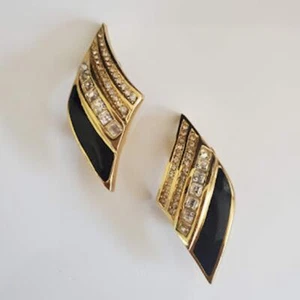 Vintage Christian Dior Ohrringe vergoldet schwarz Emaille Kristall groß Clip-On 80er - Bild 1 von 7