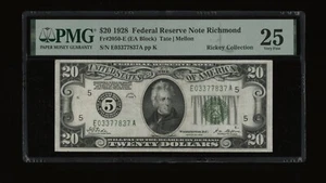 DBR 1928 $20 FRN Richmond Numeral Fr. 2050-E PMG 25 Serial E03377837A - Picture 1 of 2