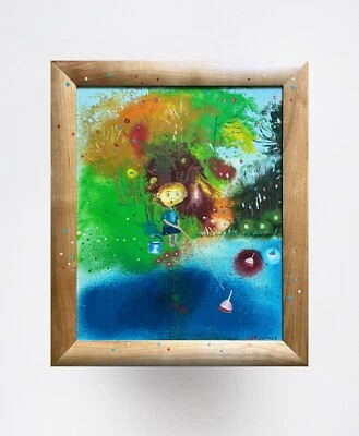 Pintura al óleo surrealista En viaje de pesca pintor ucraniano lienzo enmarcado original Foto 1 de 4