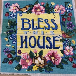 Leisure Arts 1998 Bless This House Needlepoint Floral 14” x 14" Complete - Picture 1 of 9