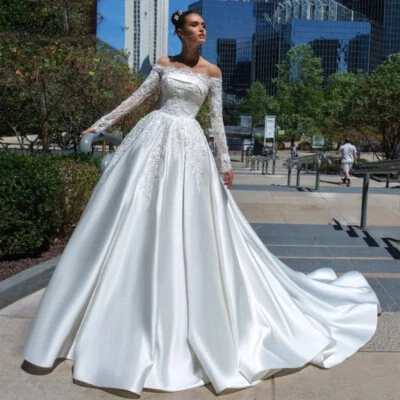 Boat Neck A-Line Wedding Dresses Long Sleeves Lace Applique Satin Bridal Gowns - Image 1 of 4