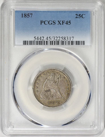 Very Scarce ~ 1857 ~ Seated Liberty Quarter ~ U.S. MINT ~ PCGS ~ XF 45 ~ $298.88 Cover